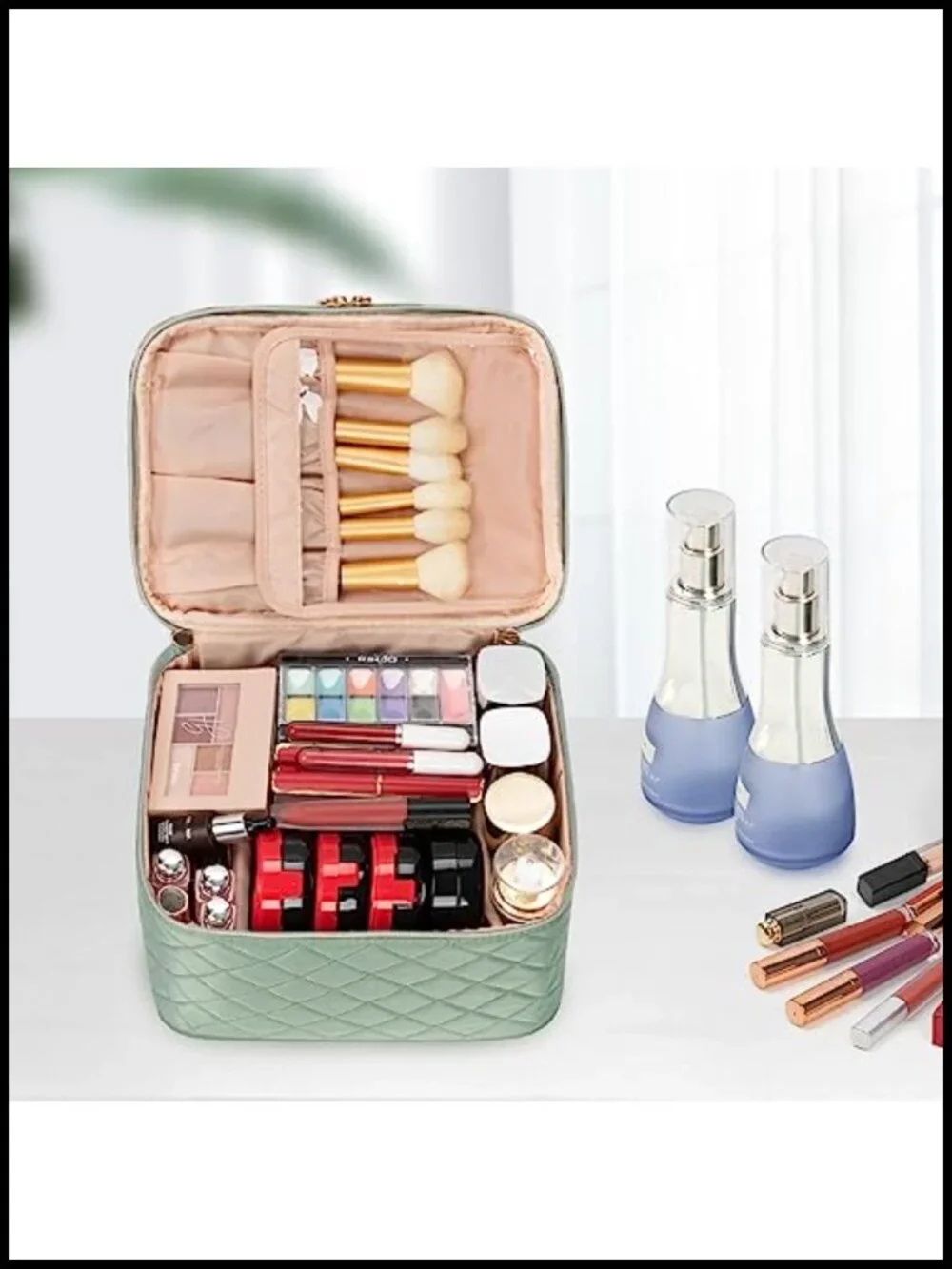 Large Double Layer Makeup Bag with Multiple Compartments - Water Resistant